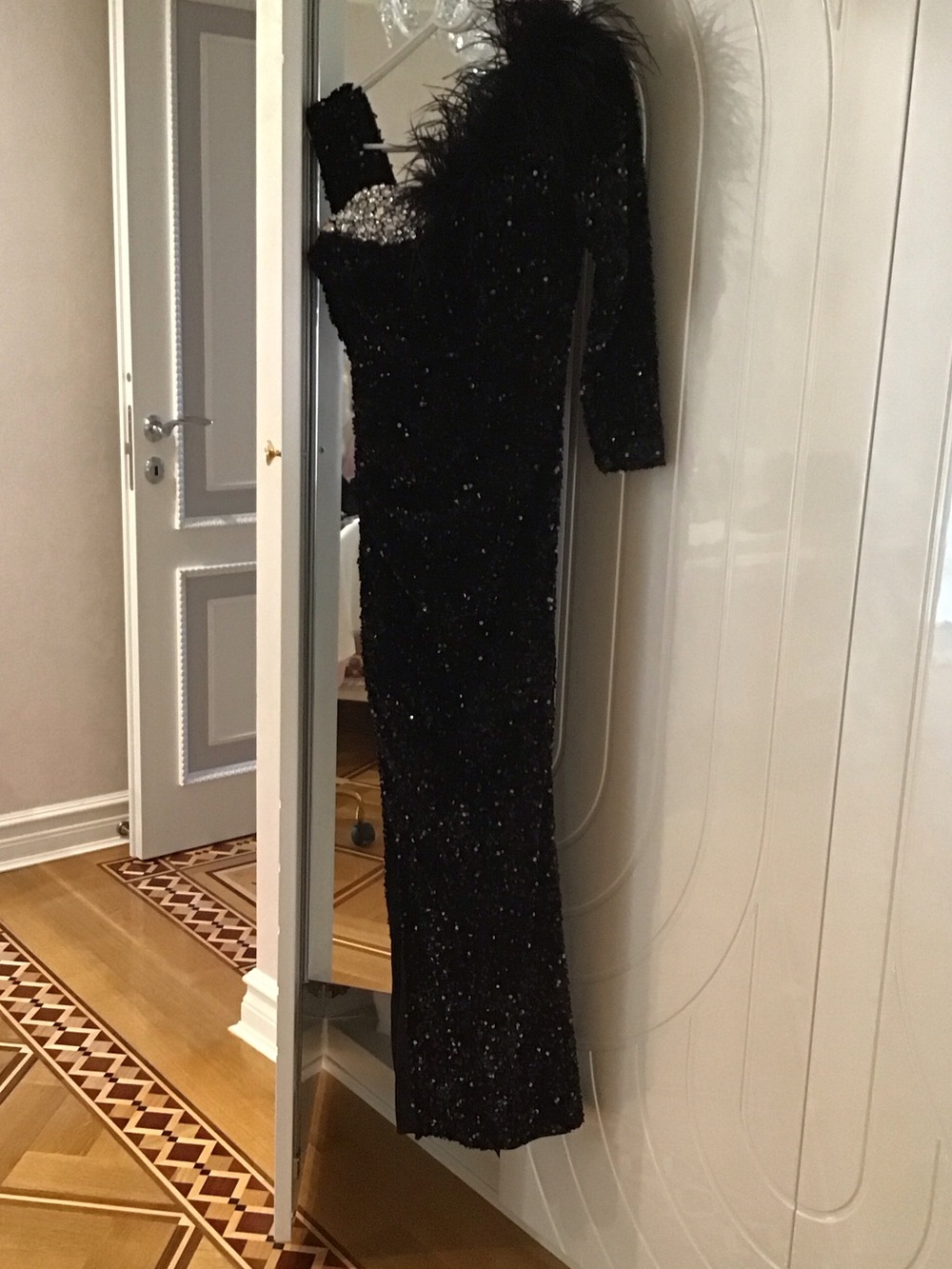 Black Sequin Feather-Trim Evening Gown